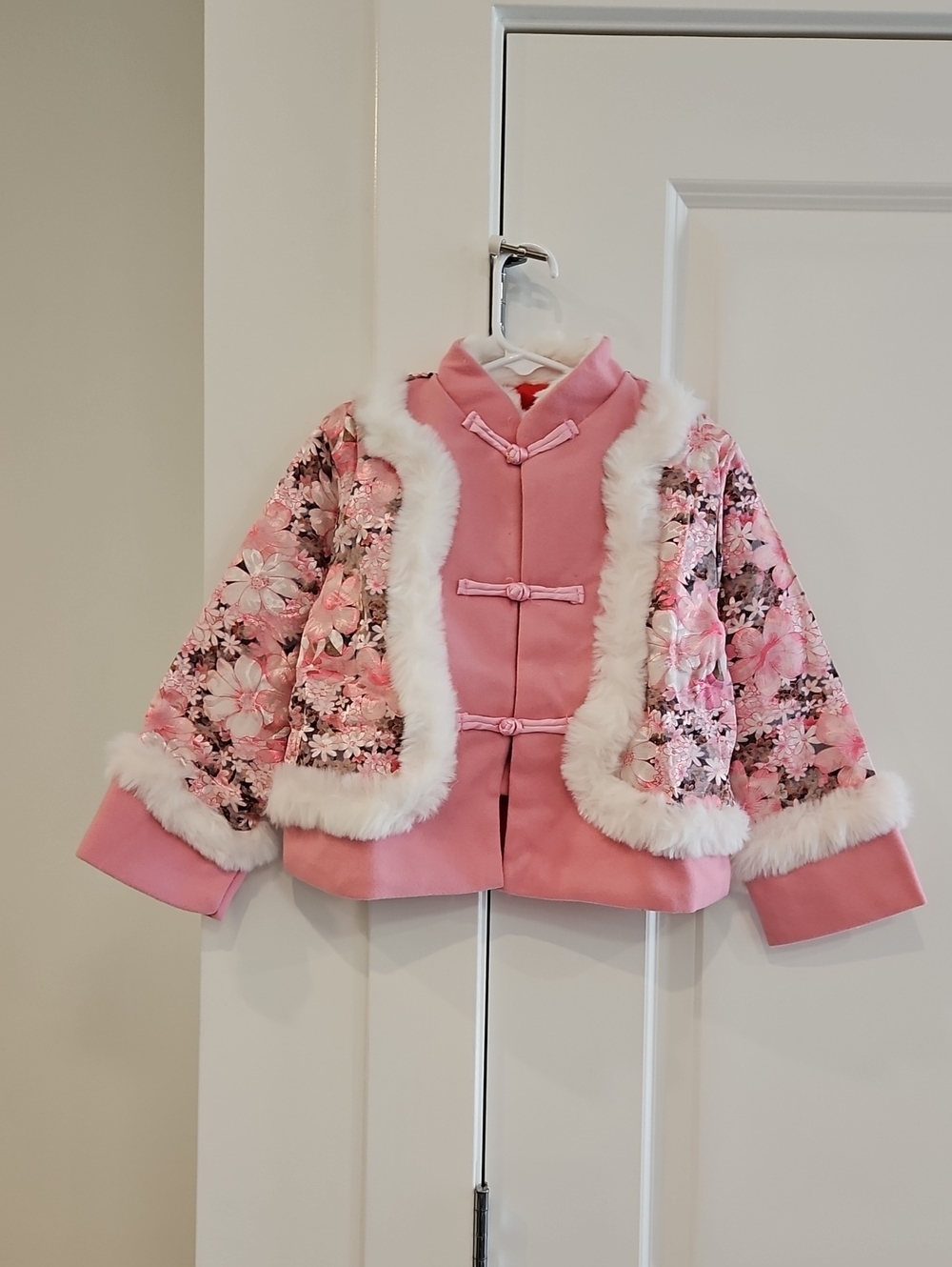 Pink Floral Faux-Fur Trim Girls' Jacket